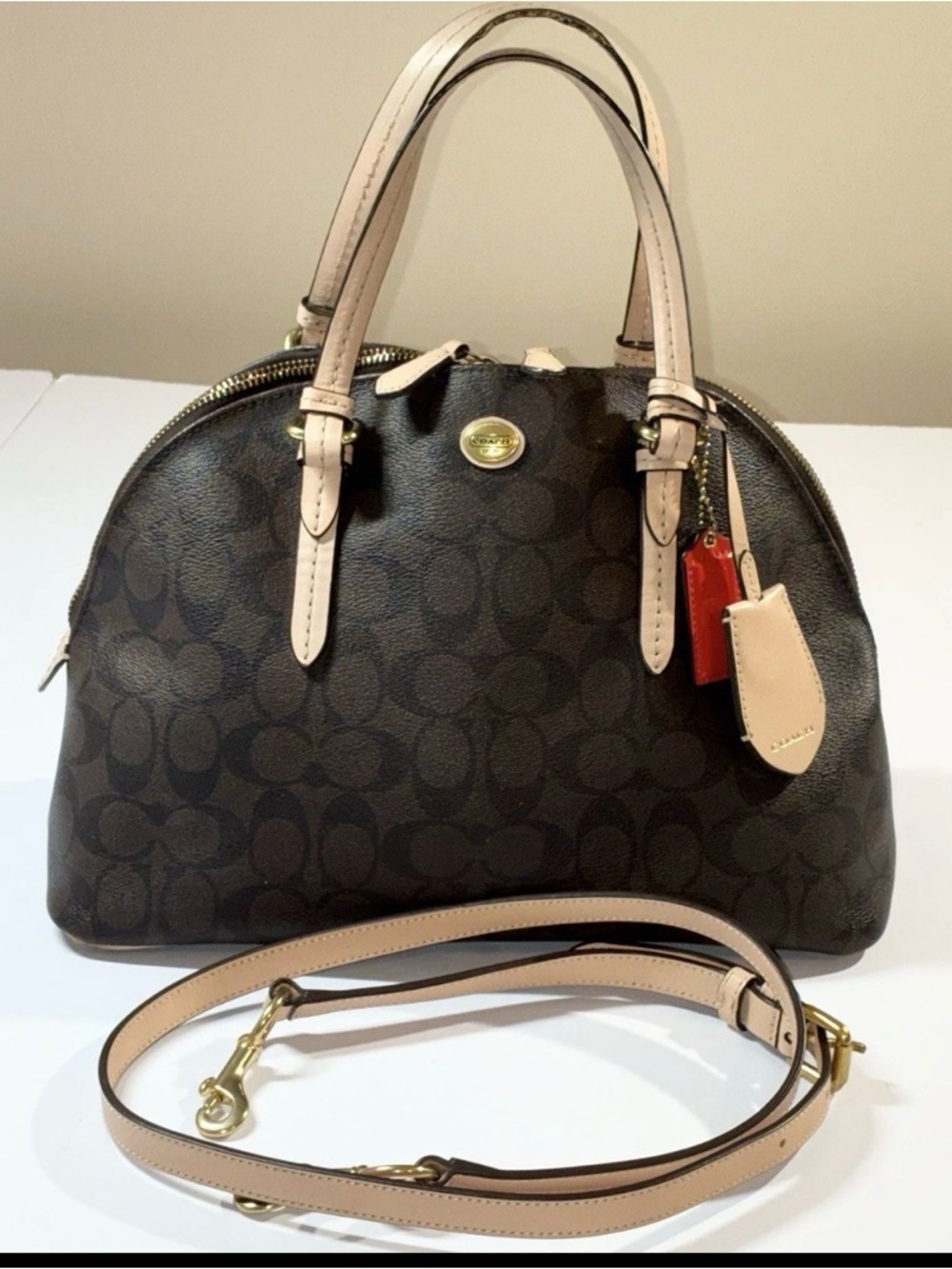 Coach Brown Signature Satchel with Light Beige Trim